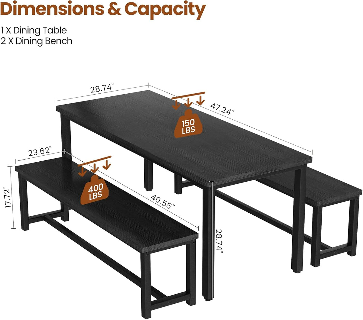 DKLGG Dining Table Set for 4, Wooden Kitchen Table with 2 Dining Bench | 47.2” Farmhouse Dining Room Table Set, Space Saving Table and Chairs Set for Small Space, Kitchen,Dining Room,Apartment