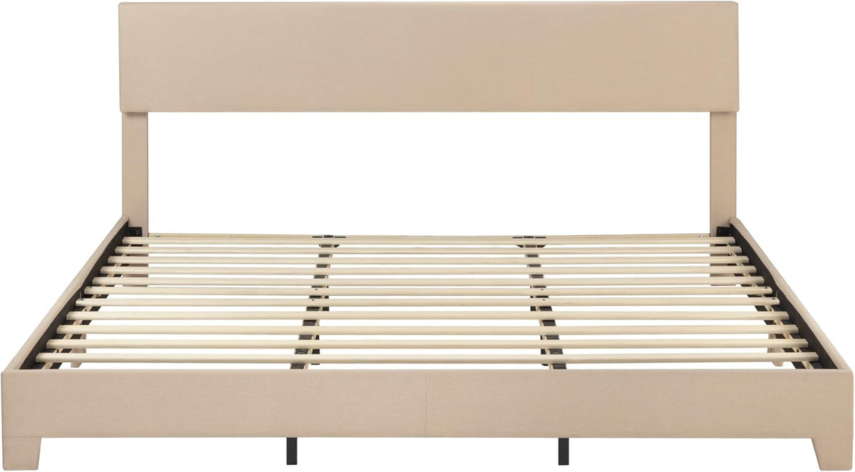 SHA CERLIN Linen Upholstered King Size Bed Frame with Headboard, Beige