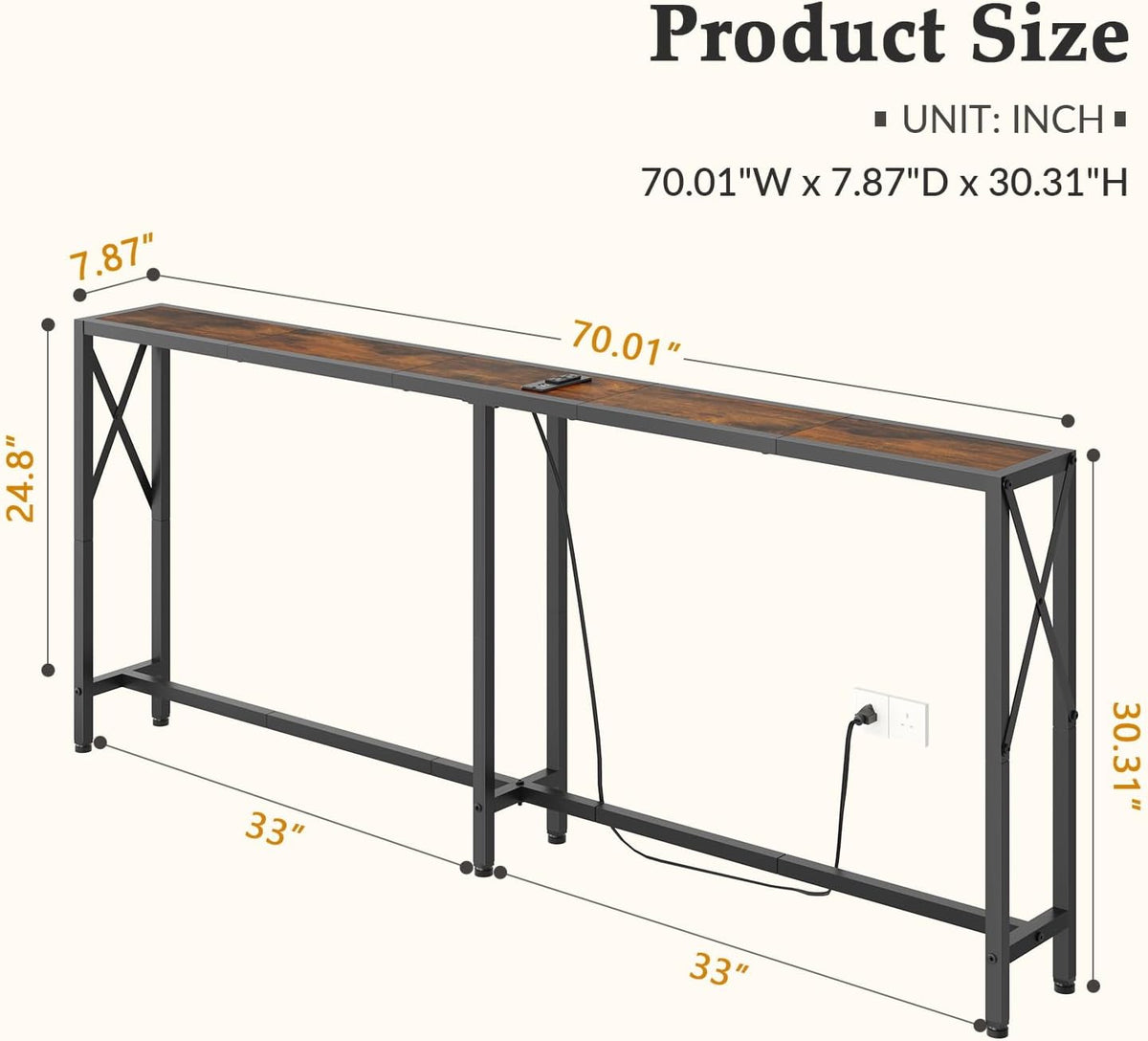 Gewudraw 70" Sofa Table Behind Couch with Oulets-Narrow Console Table,Brown | Industrial Style, Long Skinny Design,Couch Table For Hallway,Living Room,Bedroom, Built-In Power Outlets & USB, 172cm Length