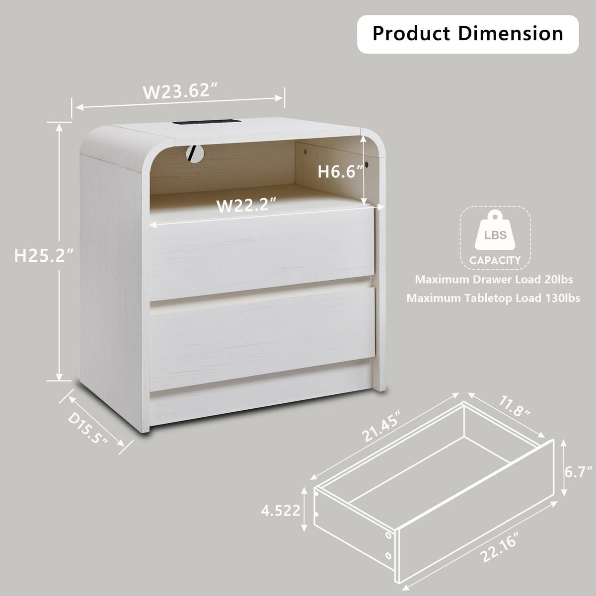 Aitjunz 25" Tall Modern Nightstand, Wood Curved Bedside Table, White
