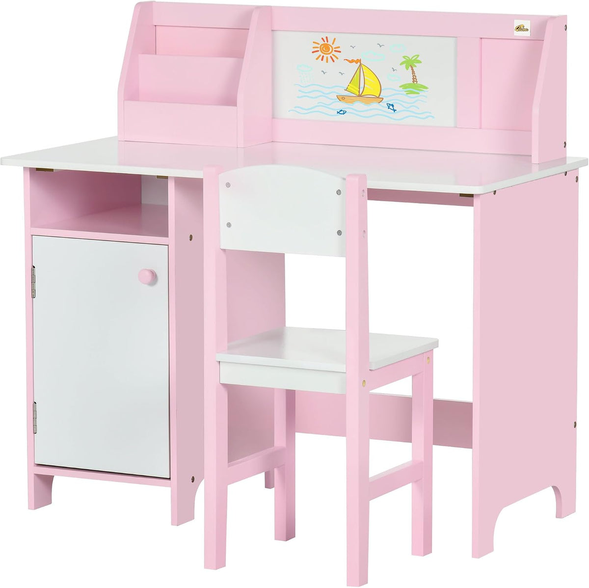 Toddler Table and Chair Set with Whiteboard and Storage Cabinet, Pink | Kids Writing Desk and Homework Table for Drawing, Learning, and Playroom Activities