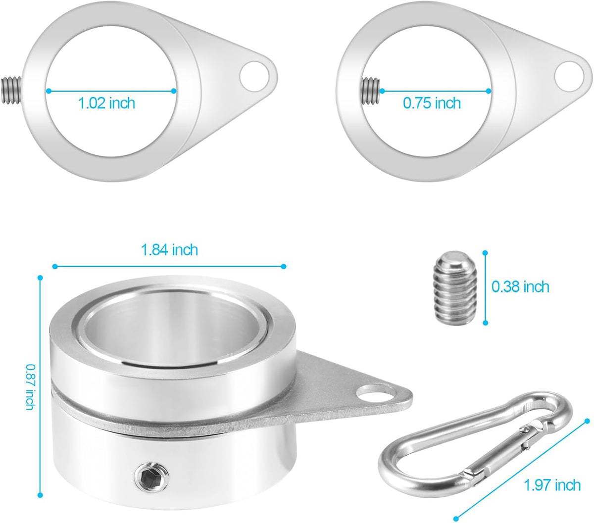 Flag Pole Rings, 1" Spinning Flagpole Ring Clips, 2 Pcs Aluminum Alloy & Steel 360° Rotating Anti Wrap Flag Mounting Rings with Snap Carabiners for 0.75-1.02 Inch Diamete Flagpole (Φ1, Silver)