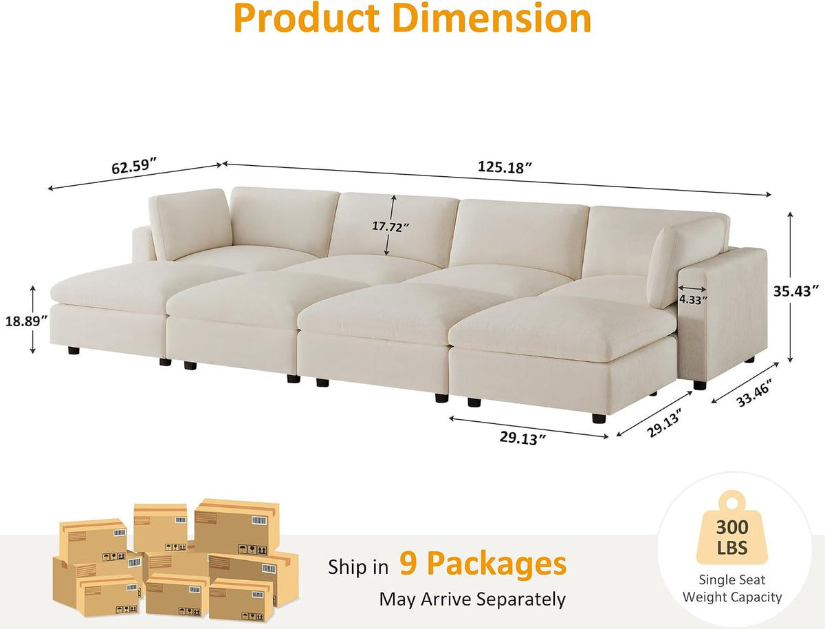 VANOMi Large Modular Sectional Sofa Bed, Comfy Couch Sleeper Ottoman, Beige | Convertible,Washable,Removable Cover,Modern,Comfortable