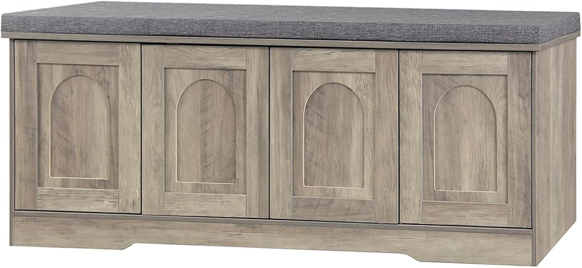 DINZI LVJ Shoe Bench, Entryway Storage Bench with Doors, Cushion, 2-Tier Shoe Rack with 8-Cubby, 47.2”L x 13.8”W Shoe Organizer Cabinet, Adjustable Shelf, Living Room, Bedroom, Gray Wash