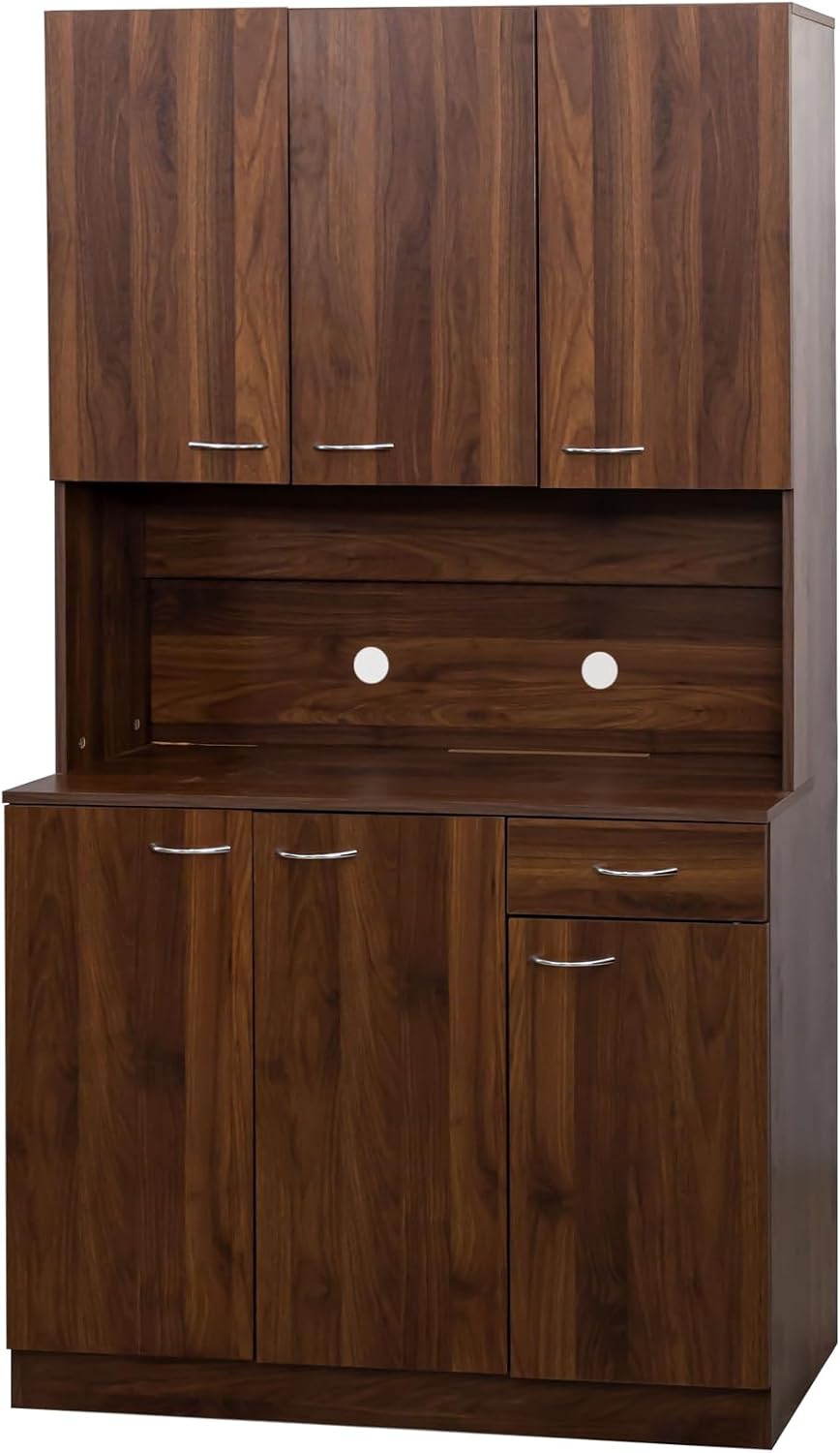 ZeHuoGe 70.86" Tall Pantry Cabinet with 6-Doors, 1-Open Shelves and 1-Drawer for Dining Room,Large Kitchen Hutch,Coffee Bar Station,Kitchen Storage Cabinet (Dark Walnut)