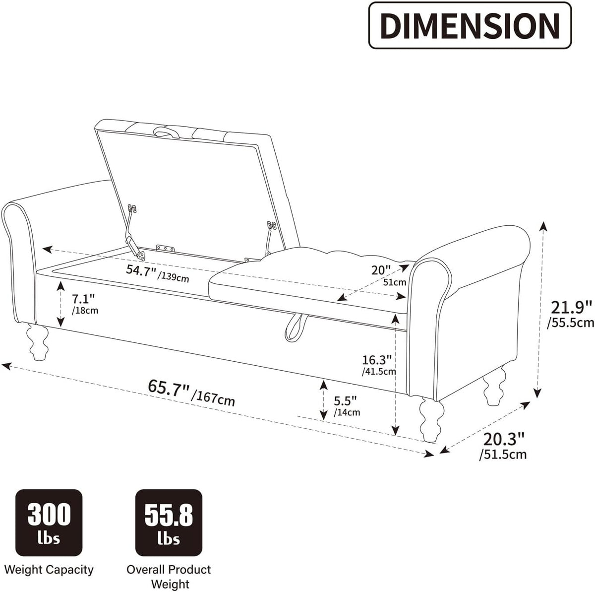 65.75" Modern Upholstered Ottoman with Storage, End of Bed Storage Bench with Rolled Armrest and Wood Legs, Comfy Napped Fabric Ottoman Bench for Living Room, Entryway, Dormitory, Bedroom (Black+A)