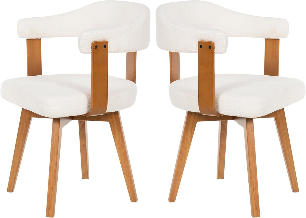 EYYTHUNG Swivel Dining Chairs Set of 2, Mid Century Modern Boucle Dining Chairs with Arms and Wood Legs,Upholstered Kitchen Chairs for Kitchen, Dining Room, Living Room, White and Dark Oak
