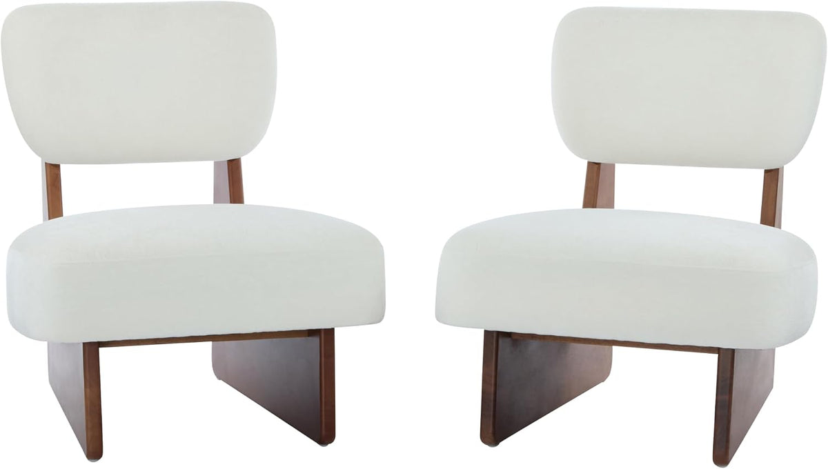 Christopher Knight Home Mores Low Profile Accent Chair Set of 2, Modern Living Room Armless Lounge Chair, Fabric Comfy Reading Chair for Bedroom, Wooden Frame and Thick Padded Seat, White+Walnut