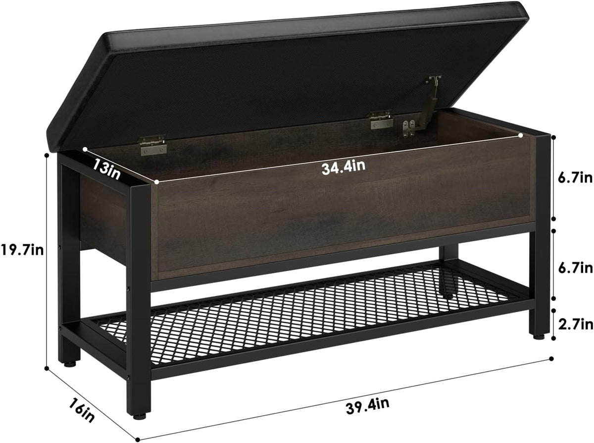 HOSTACK 40" W Storage Bench, Entryway Shoe Bench with Cushion, Dark Brown | Wood Metal Bench with Flip-Open Hidden Storage, Ottoman Bench with Padded Seat & Shoe Rack for Hallway, Bedroom, Living Room