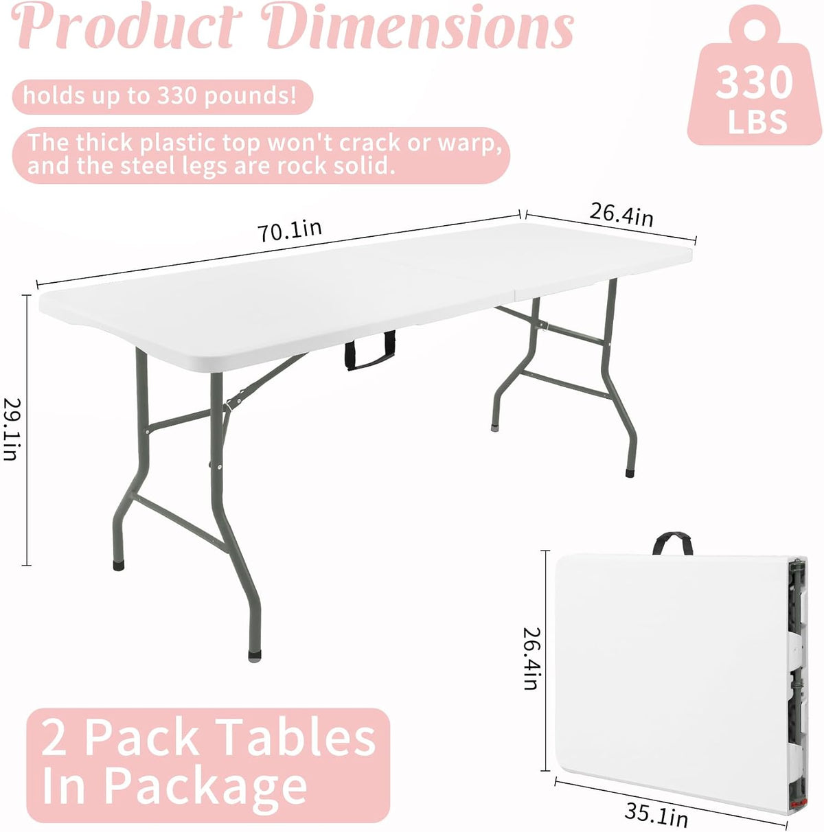 Fivenl 2 Pack 6 Feet Portable Folding Table White, Steel Legs Fold-in-Half with Carrying Handle Rectangular Plastic Foldable Table for Party, Wedding, Camping, Picnic, Dining, Indoor Outdoor Events