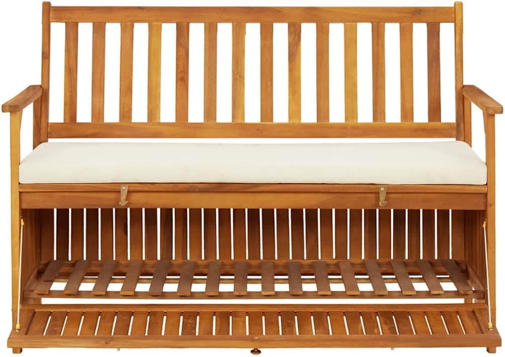 Patio Storage Bench Solid Acacia Wood with Cushion 47.2"x24.8"x33.1" Rustic Outdoor Bench Seat for Garden Porch Furniture with Storage Compartment