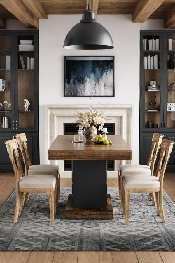 LITTLE TREE 63" Modern Dining Table, Rectangular Dinner Table for 4-6, Farmhouse Kitchen Table, Sturdy Wood Pedestal Base for Kitchen/Dining Room, Rustic Brown & Black