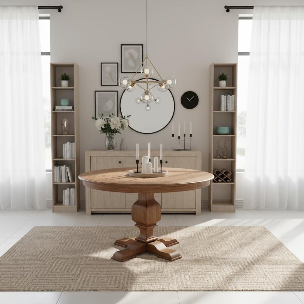 Furnifact Round Dining Table, Sandblasting Antique Walnut Wood Pedestal Table, Rustic Home Kitchen Nook Furniture
