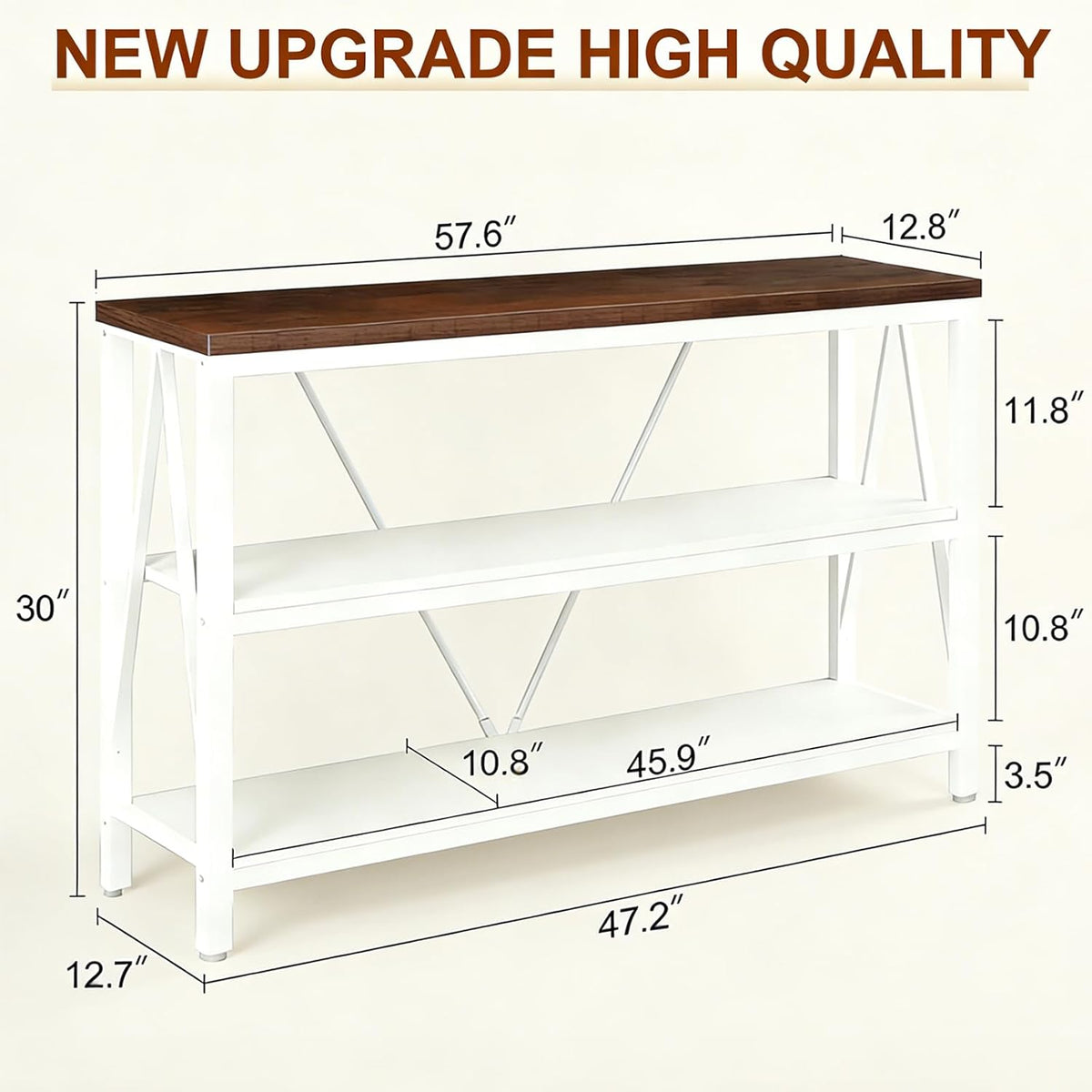 HOMISSUE Entryway Console Table, Rustic Console Tables with Wide Storage, Industrial Foyer for Entry with 3-Tier Open Shelves, White, 47 Inch