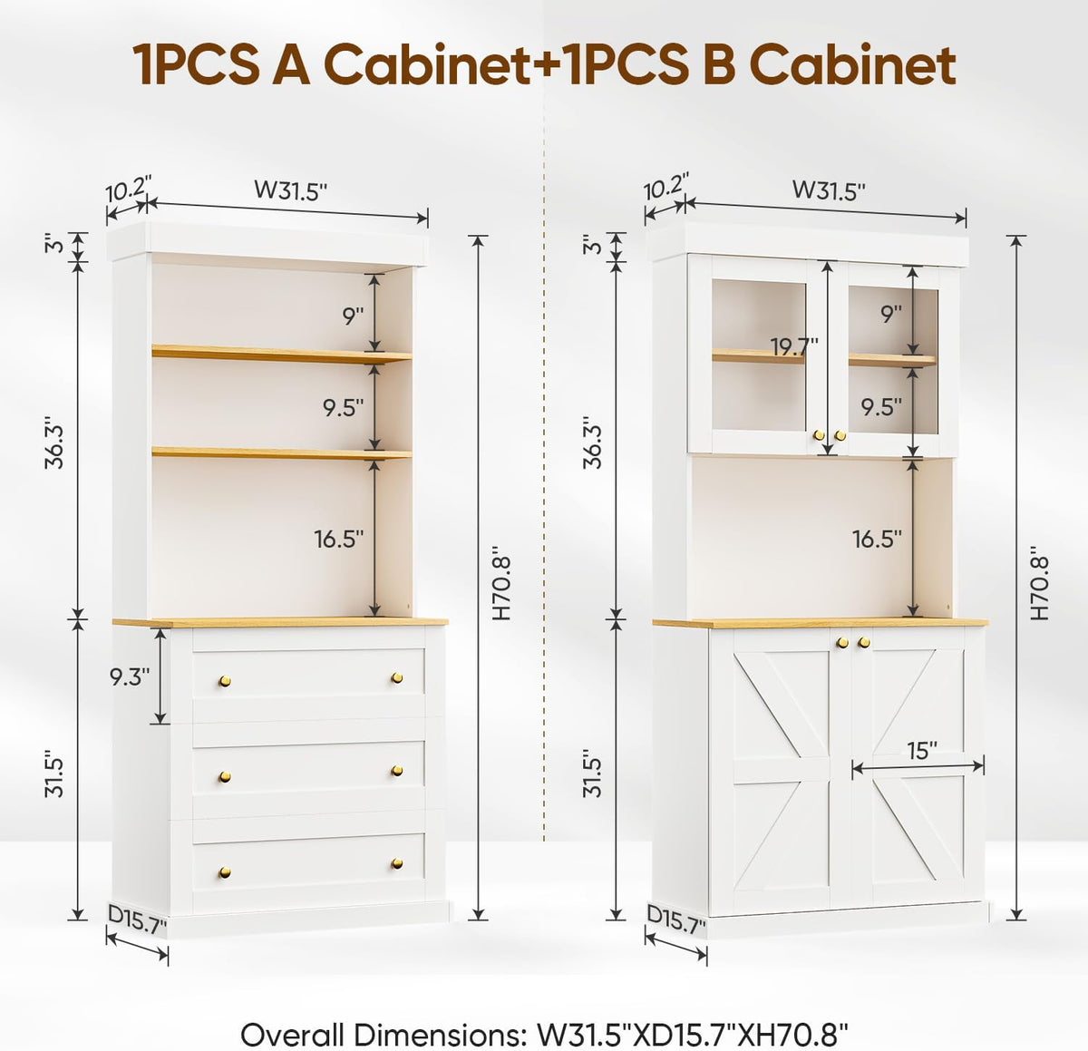 71" White Farmhouse Kitchen Pantry Cabinet Set of 4— Freestanding Coffee Bar with Glass Doors or Drawers, Microwave Stand, Large Storage Hutch with Adjustable Shelves for Kitchen, Living Room