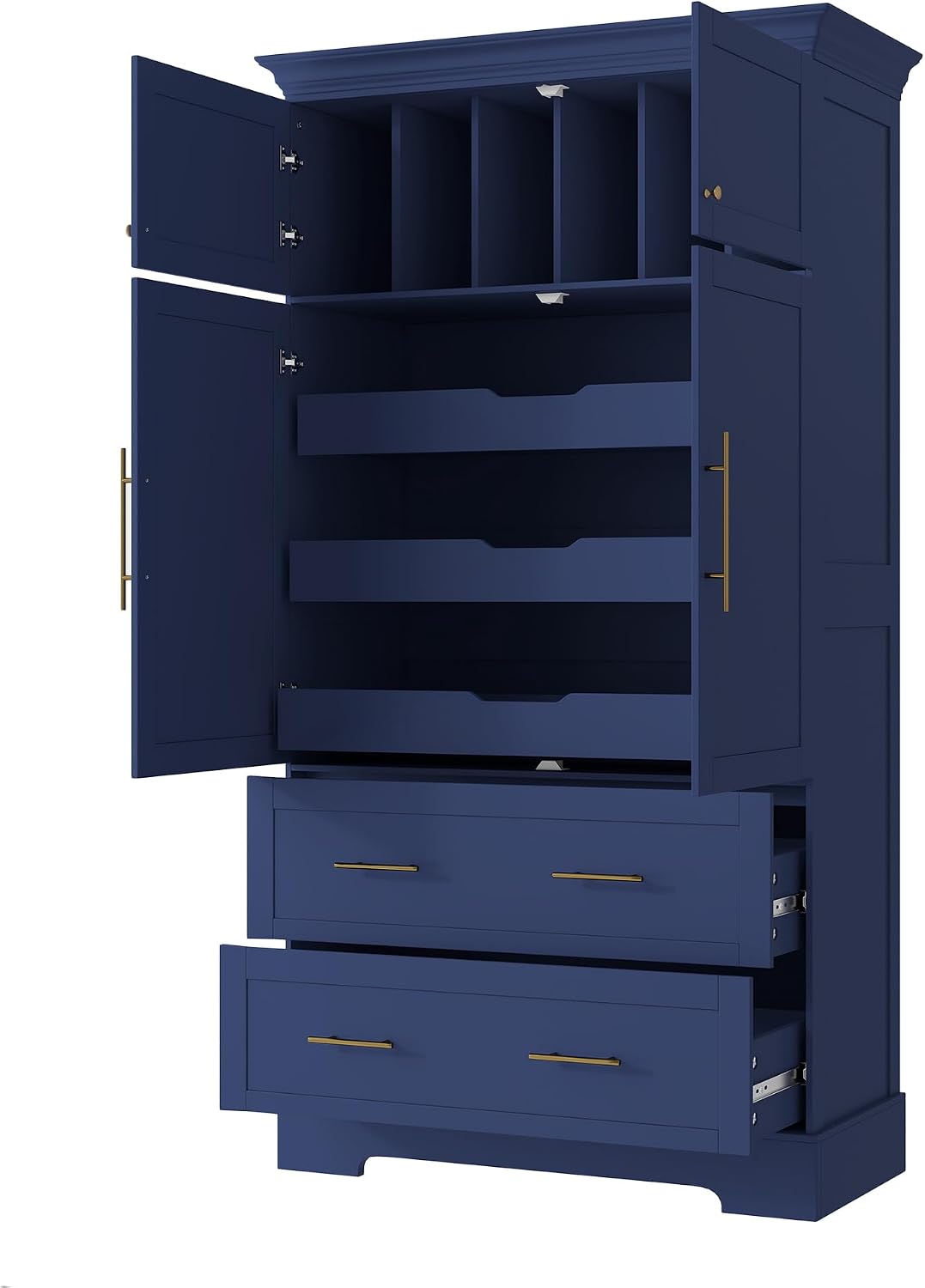Farmhouse Kitchen Pantry Cabinet, Tall Freestanding Cupboard with Pull-Out Trays, Drawers and Cake Pan Storage Organizer for Kitchen, Dining Room (Blue)
