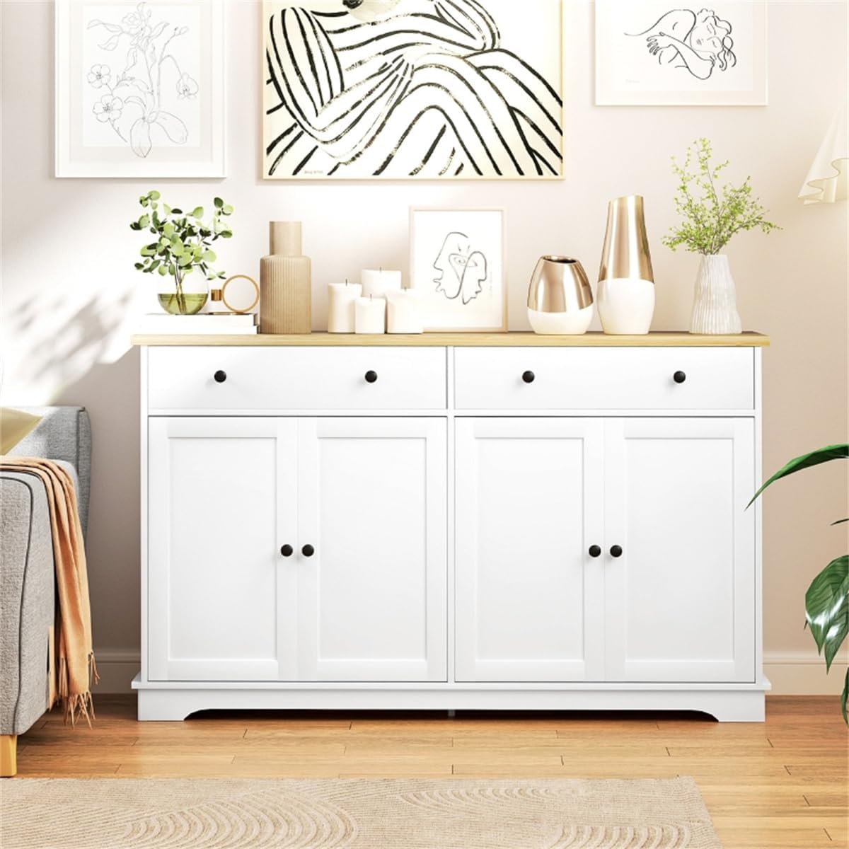 lapday Kitchen Cabinet with 2 Spacious Drawers,2 Doors,3-Level Adjustable Shelf(55.1" W x 15.7" D x 33.5" H). (White)