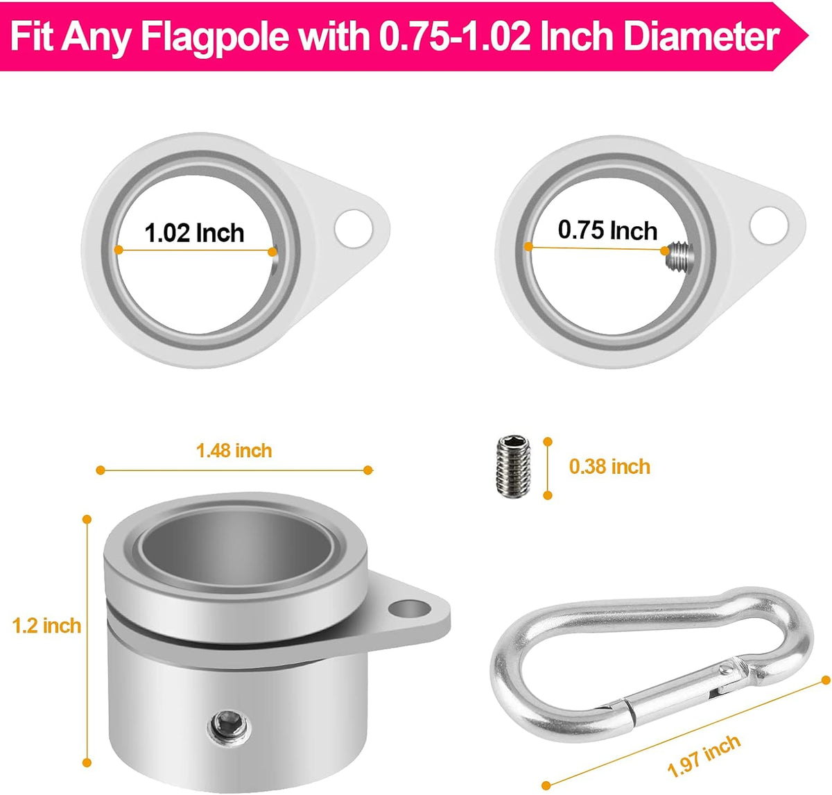1" Flag Pole Rings, 2 Pcs Anti Wrap Flag Pole Clips Swivels, 360° Rotating Flagpole Flag Mounting Rings, Aluminum Alloy Spinning Flag Pole Kit Parts for 0.75-1.02" Diameter (1 Inch, Silver)
