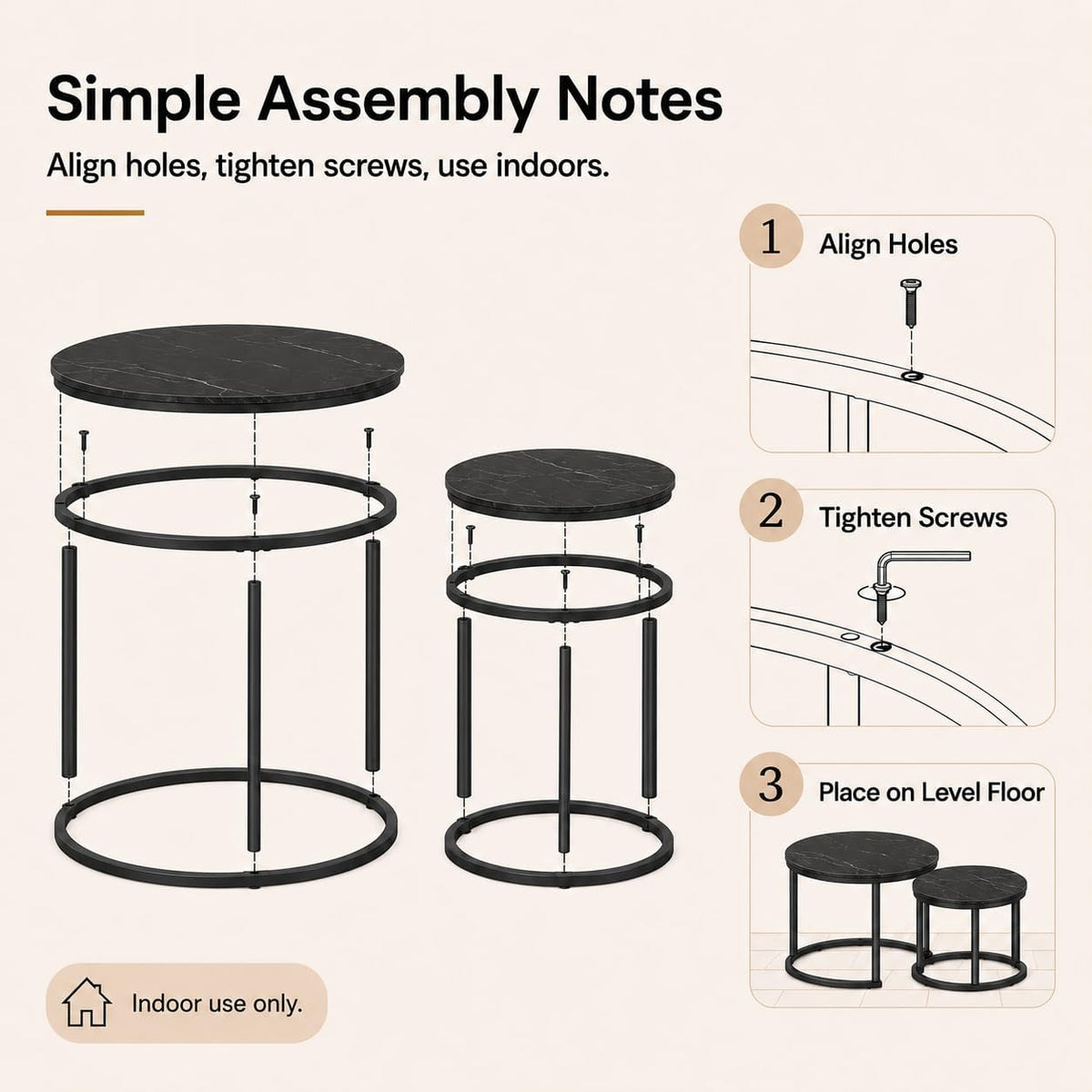 Nesting Coffee Table Set of 2，Black + Black | 27.6'' Industrial Coffee Table Nesting with Metal Frame, Round Coffee Tables for Living Room,Bedroom, Balcony