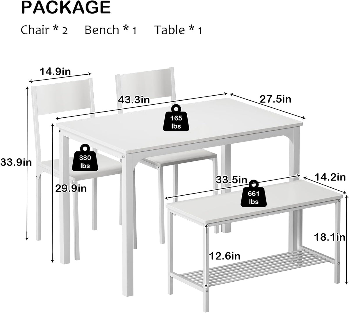soges 4-Piece Dining Table Set with Bench - 4 Person Kitchen Table and 2 Chairs for Small Spaces, Apartment - Metal Frame & Woodgrain Tabletop, Space-Saving Design, Durable & Easy to Clean, White
