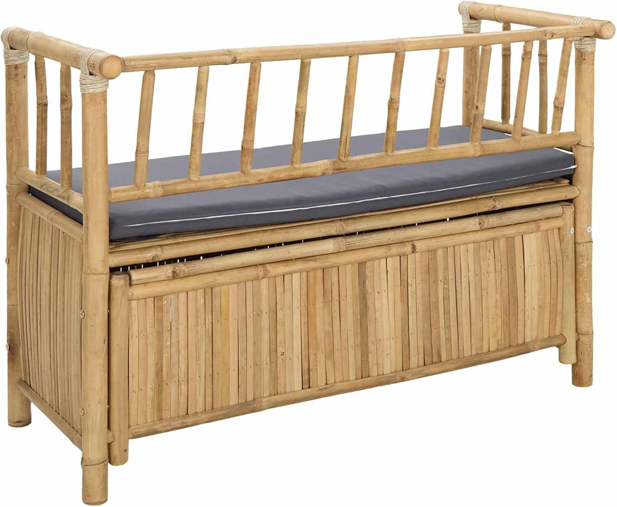 Natural Bamboo Garden Storage Bench 110x47x80 cm, Outdoor Patio Seat with Hidden Storage Compartment, Post Leg Design for Modern or Rustic Decor, Easy Assembly Required
