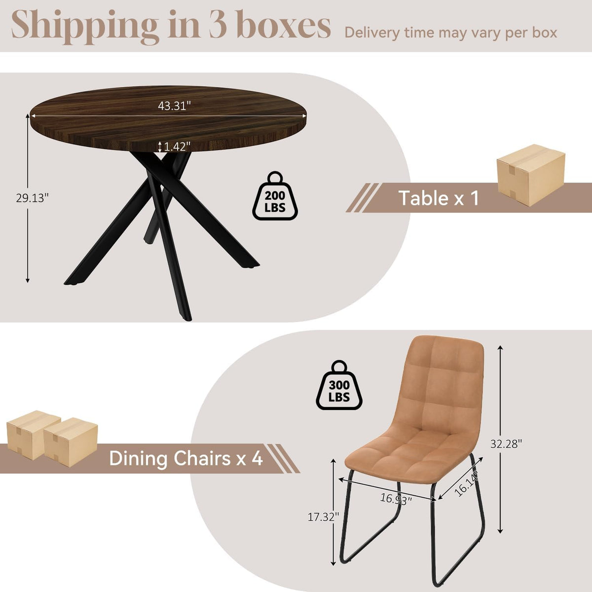 44" Round Dining Table Set for 4, Modern X-Shaped Metal Leg Table | Cushioned Cozy Brown Chairs of 4, Mid-Century Walnut Tabletop, Dinette set for Kitchen, Dining Room & Apartments