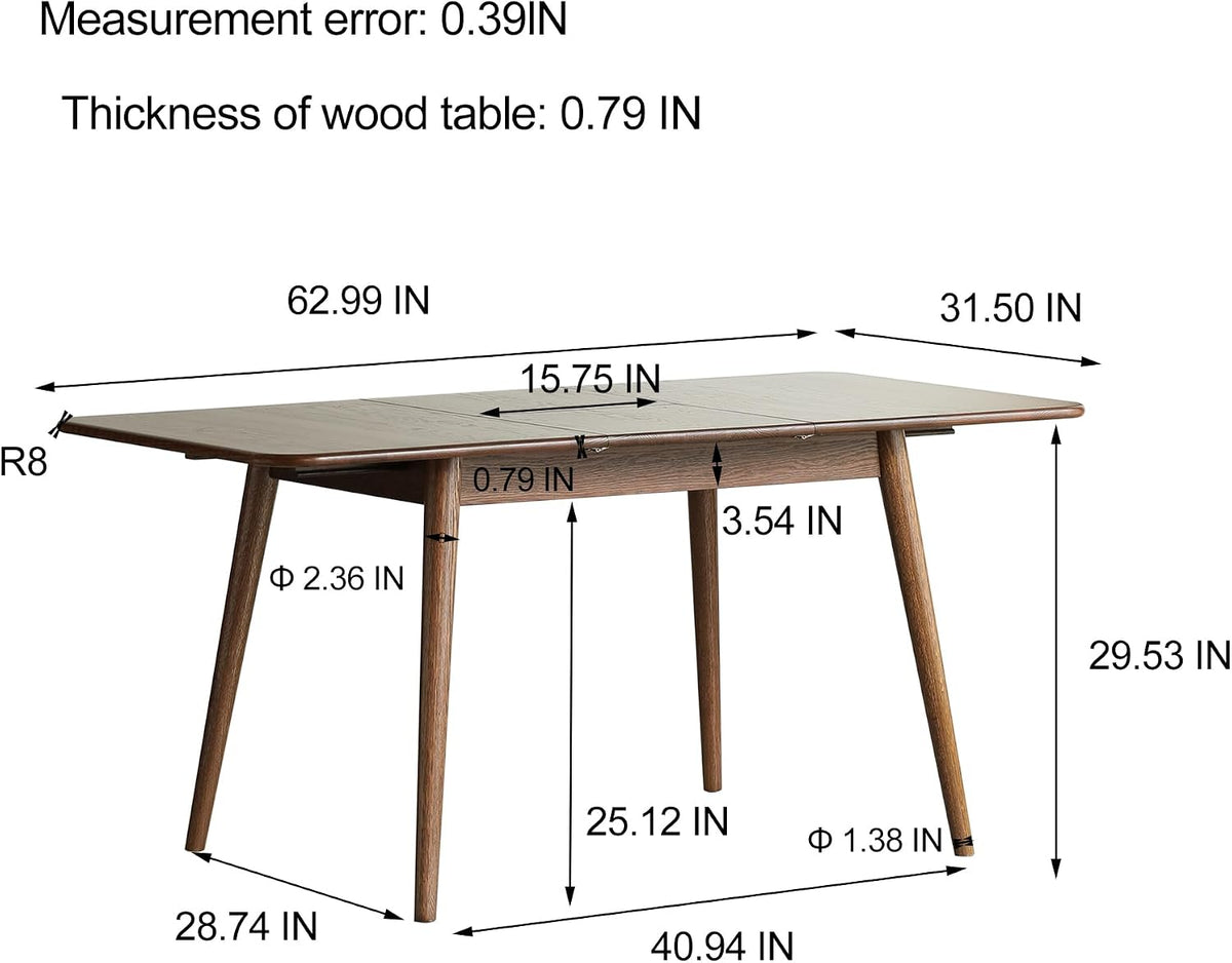 47.2''–59'' Extendable Solid Oak Dining Table, Farmhouse Kitchen Table for 6–8 People, Rounded Corners, Smooth Metal Slide Extension, Mid Century Kitchen & Dining (62.99" Walnut)