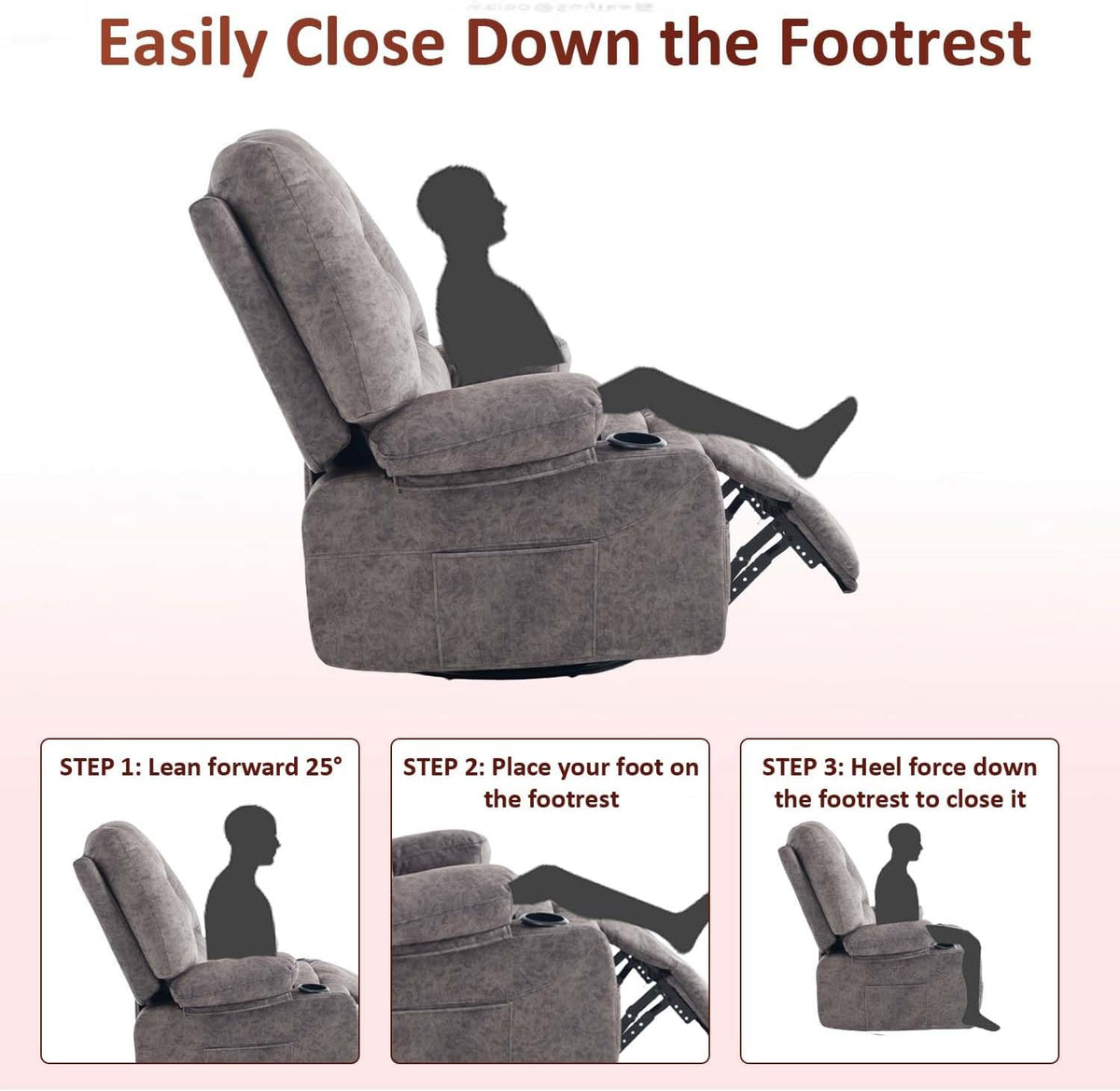 KCQ Oversized Swivel Rocker Recliner Chair with Massage Heat Cup Holders, Overstuffed Fabric Heated Massaging Swivel Glider Chair Rocking Recliner Chair, Grey