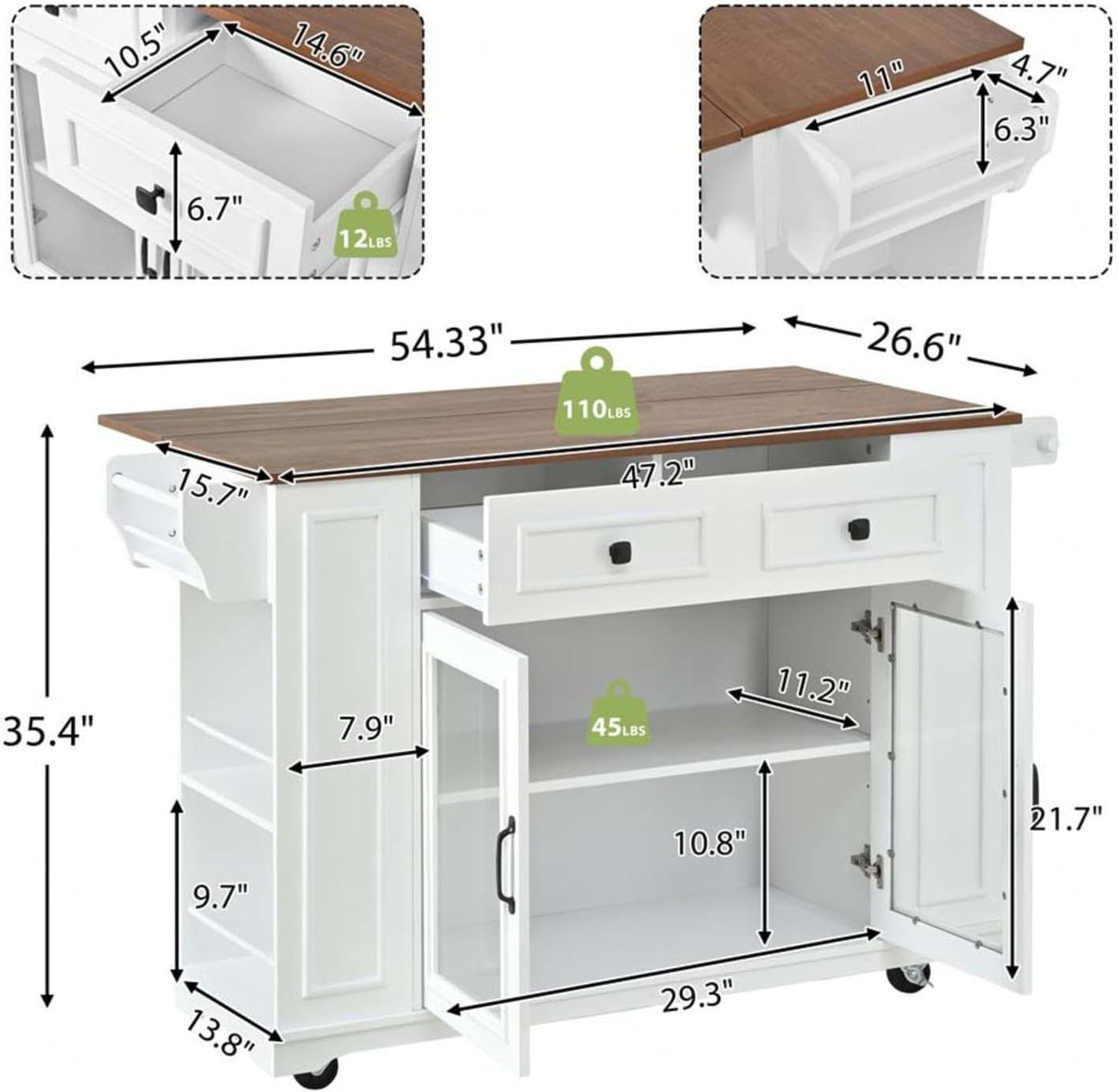 Movable Kitchen Island with Internal Storage Rack, Power Outlet and Open Shelves, Stationary Kitchen Storage Islands with Knife Holder, for Kitchen, Dining
