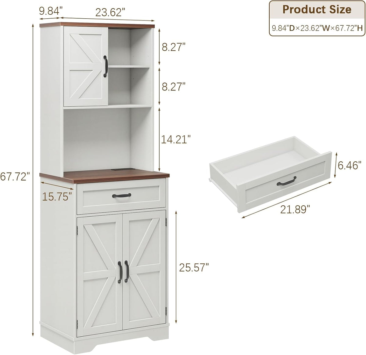 Vabches 68" Farmhouse Storage Cabinet with LED Light & Charging Station, Tall Kitchen Pantry Storage Cabinet with Storage Drawers, Coffee Bar with Hutch for Home Dining Living Room, Rustic White