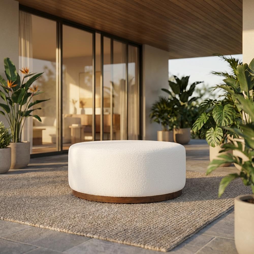Brown Round Boucle Upholstered Ottoman, 38-Inch Diameter, Cushioned Top, Durable Fabric, Stylish Outdoor Furniture, Ideal for Patio Lounge