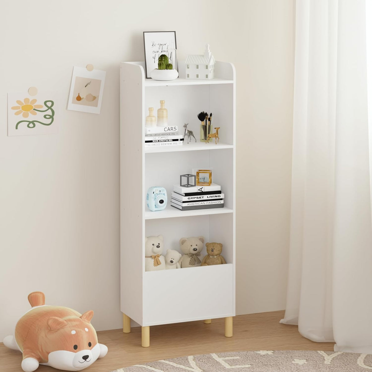 Kids Furniture Set for Bedroom Toddler Table and Chair Desk Toy | Multi-purpose 4-tier bookshelf for books, toys, art accessories. High-density MDF board and pine wood legs. Easy setup w
