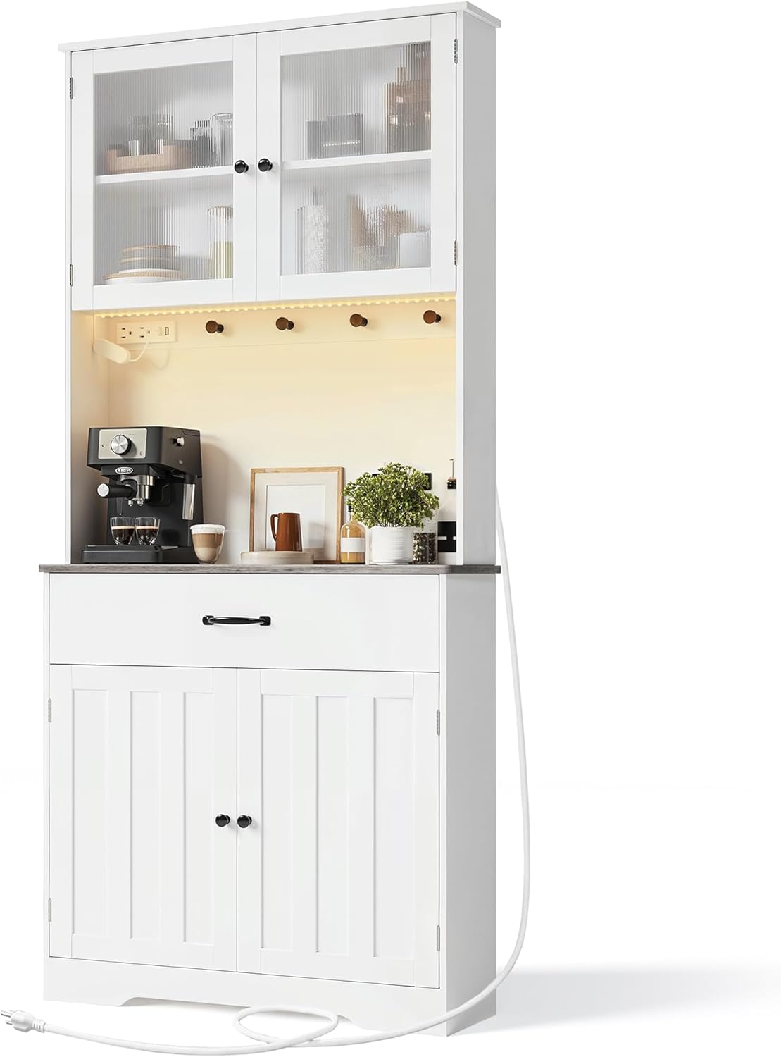 Gizoon 71" H Pantry Cabinet with LED Lights, Tall Farmhouse Kitchen Storage Cabinet with Charging Station, Modern Coffee Bar with Doors and Drawers, for Dining Room, Tabletop-Grey