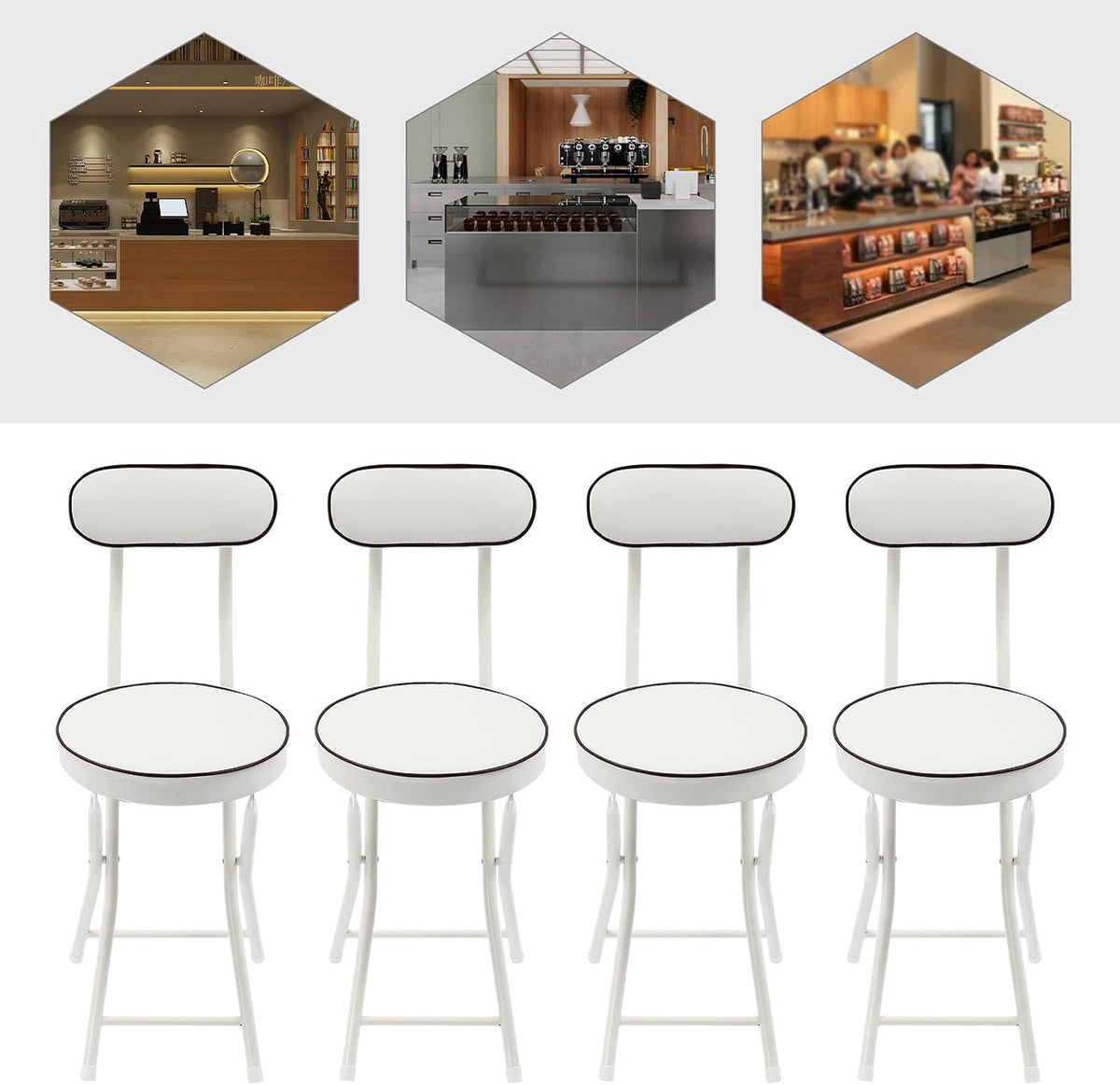 Foldable Chair 4pcs Steel High Portable Folding Indoor Counter Bar Stool Cushioned Padded Stools Seating with Backrest for Kitchen Island Shop Cafe Workshop, Studio- Load 275lbs (White)