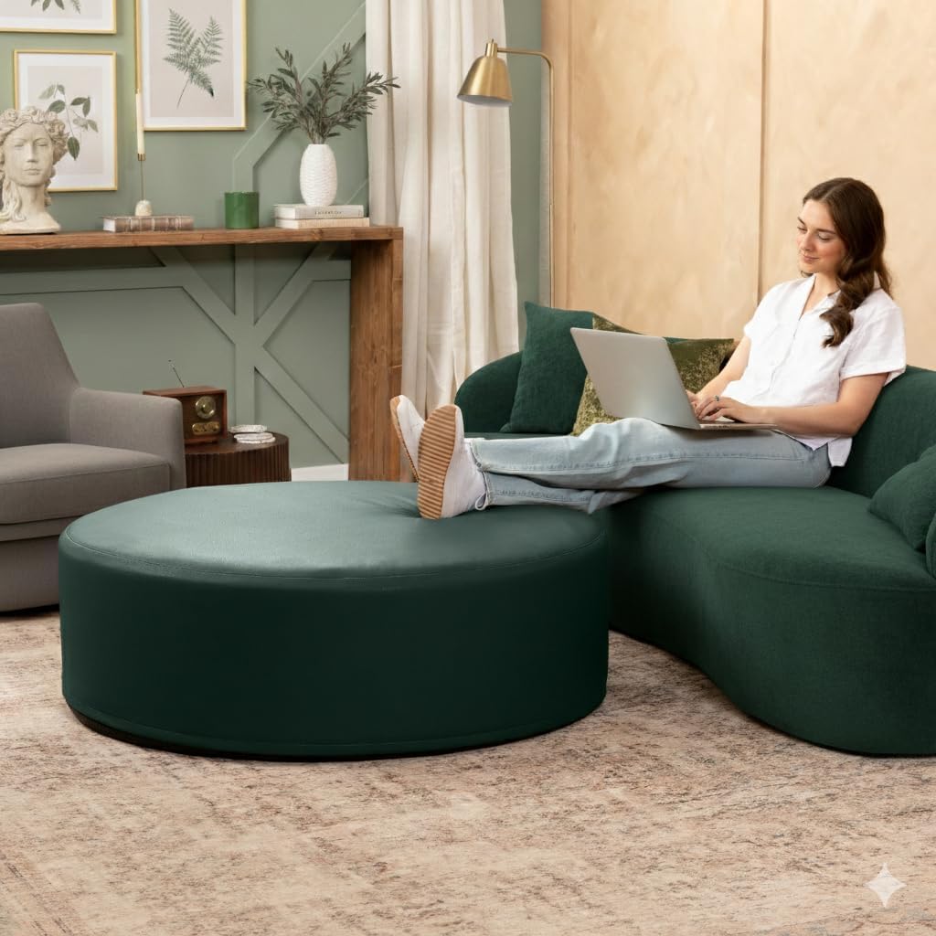 Jaxx Candler Round Couch Ottoman – Oversized Giant Coffee Table Ottoman - Versatile Firm Foam Construction - Kid Safe with Removable Cover, 44”, Premium Faux Leather, Hunter Green