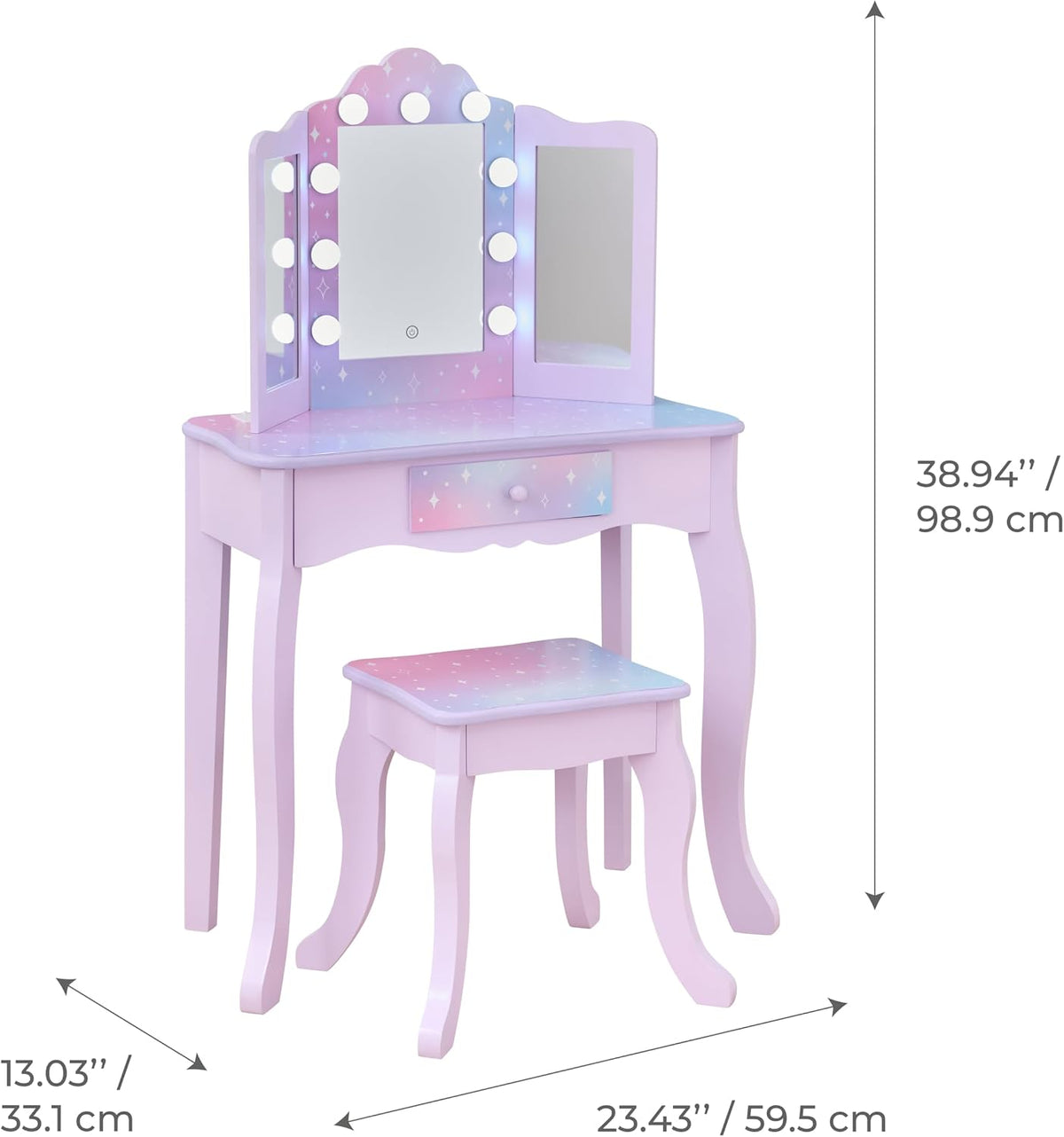 Teamson Kids Gisele Medium Vanity with Stool, Purple, Ages 3+ | Stardust Print, LED Lights & Touch Sensor Mirror, Storage Drawer, Pretend Play, Elegant Dressing Table Set