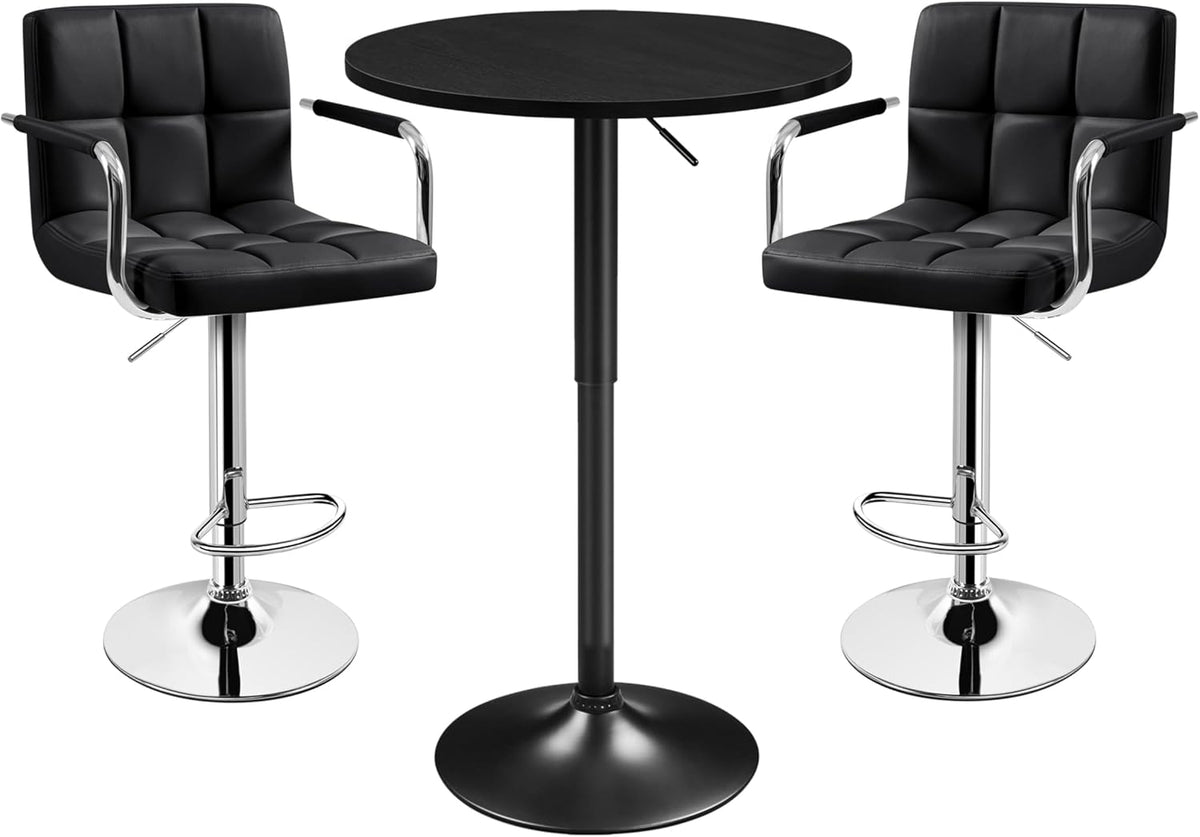 Yaheetech 3-Piece Bar Table and Stools, PU Leather Full Black | Round Pub Table and Chairs Set with MDF Tabletop and Stainless Steel Stand，Adjustable 360° Swivel for Kitchen Study