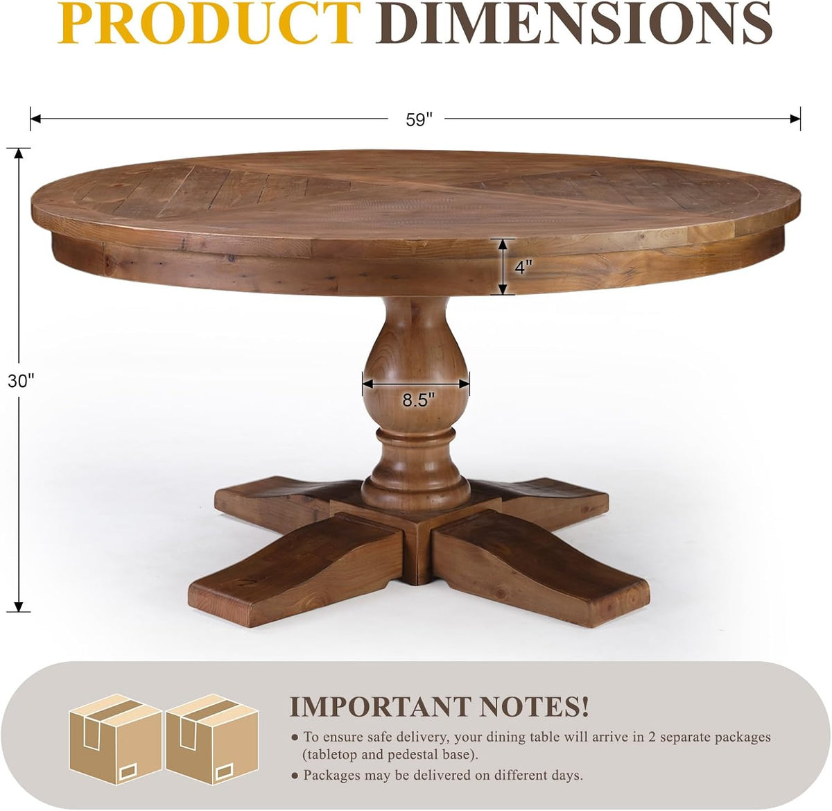60" Round Dining Table, Reclaimed Wood Kitchen Table for 6-8, Farmhouse Circle Kitchen Table with Pedestal Curved Leg for Kitchen Dining Room Restaurant - Walnut