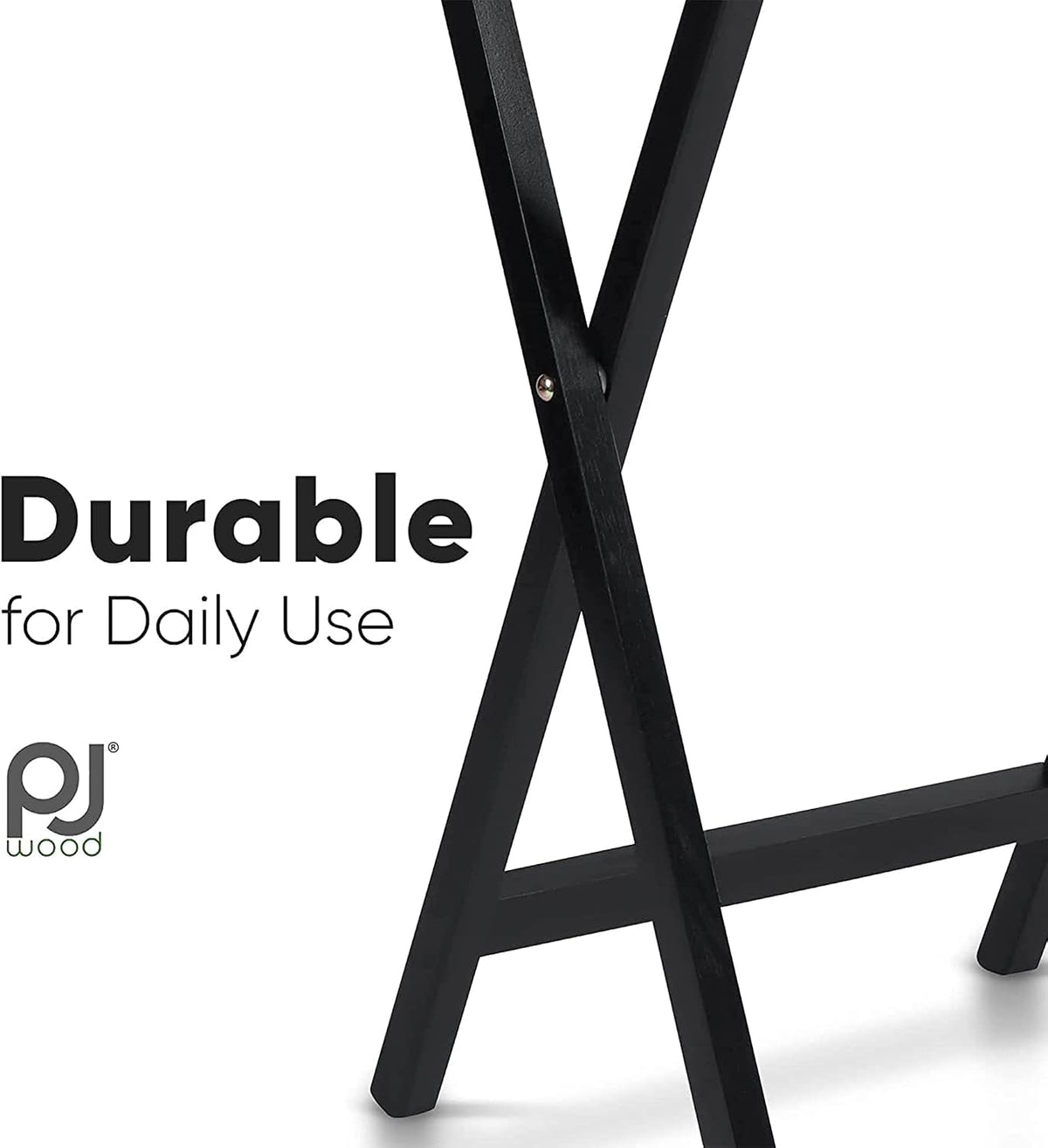 PJ Wood - Folding TV Tray Table Set of 2 - Black Collapsible Snack Tables | Solid Rubberwood Construction, Fully Assembled, 19.09 x 14.57 x 25.98 in, Cross Base Glide Feet, Storage Rack Included, 5 lb