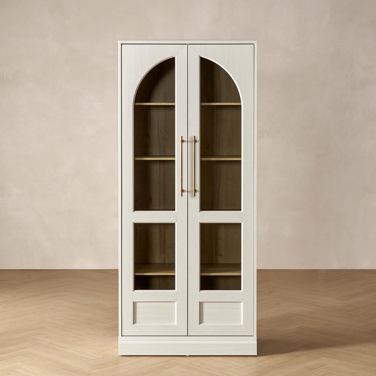 mopio Blake Tall Display Cabinet, Kitchen Buffet Pantry Cupboard, Trophy Display Case, Storage Cabinet Scratch Resistant Acrylic, Modern Farmhouse Curio Organizer (White Oak Arched, Single)