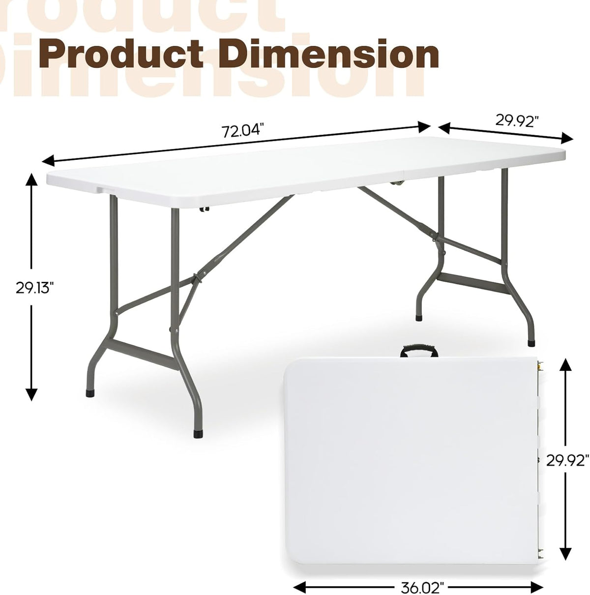 Folding Table 6ft, Heavy-Duty 500lbs Weight Capacity Foldable Table with HDPE Top & Steel Legs, Portable 6 Foot Picnic Table for Indoor Outdoor Parties, Camping, Event