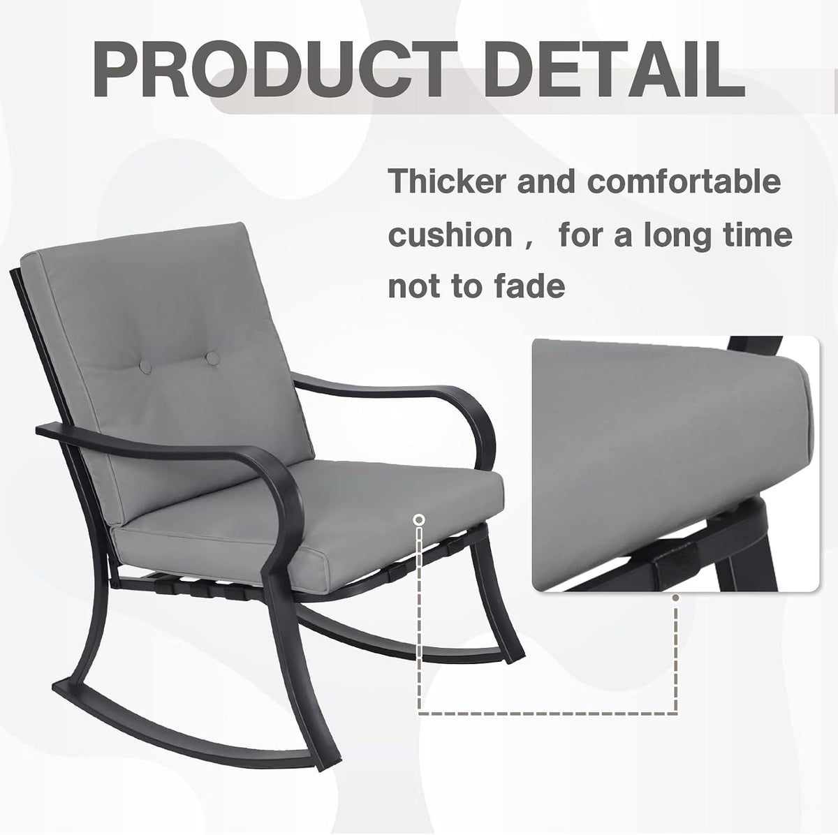 Outdoor 3-Piece Rocking Chairs, Patio Bistro Furniture Set, 2 Black Steel Rocking Chairs with Cushion and Glass Top Coffee Table (Grey)