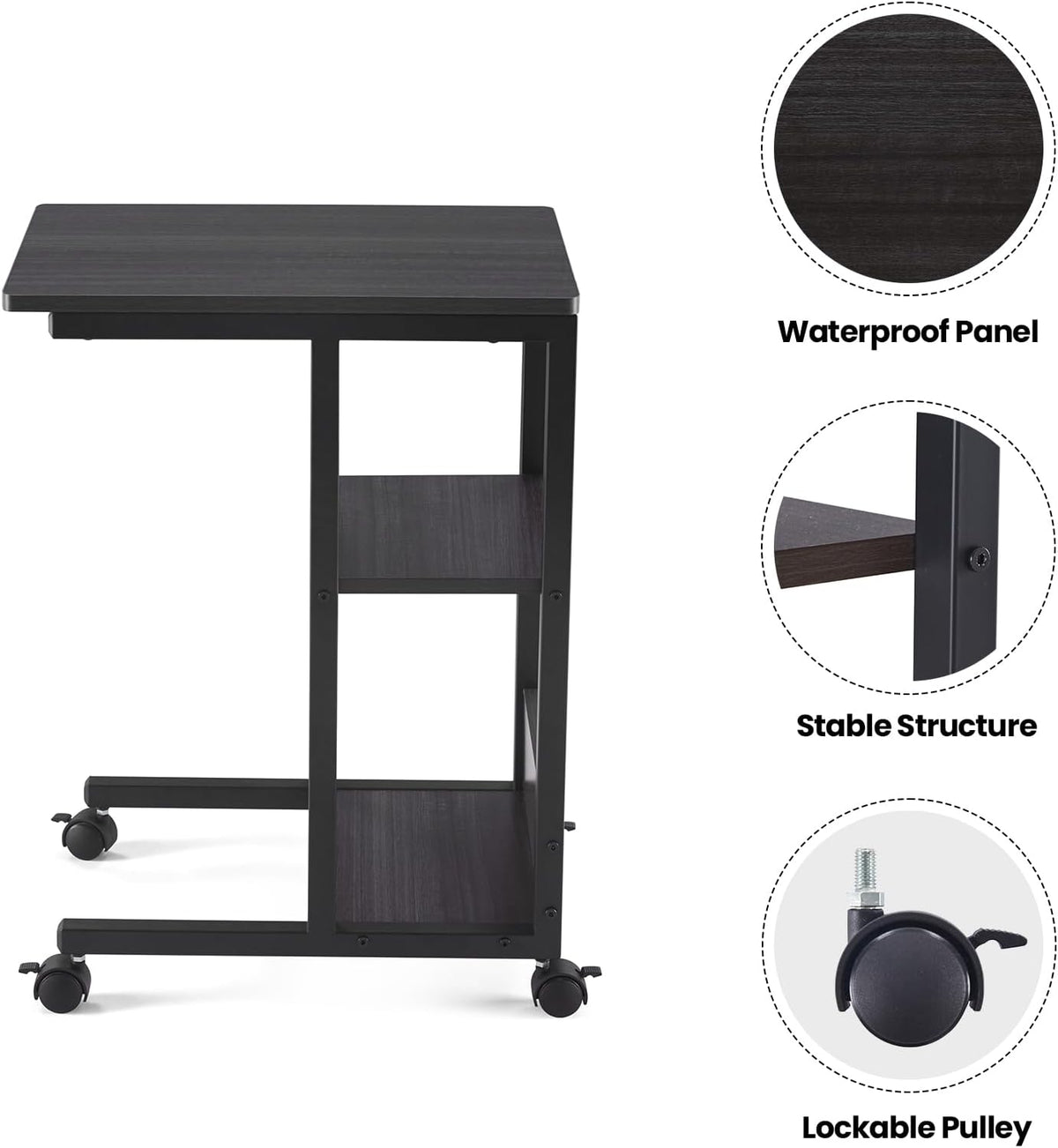 Farini C Shaped Sofa Side End Table, Mobile Snack Table with Brake Wheels Couch Bedside Table with 3-Layer storages,Black Oak