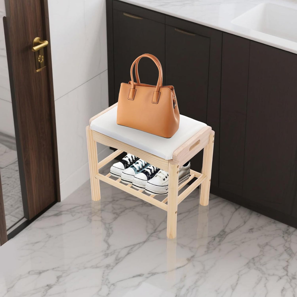Shoe Bench with Cushion, 2-Tier Bamboo Shoe Rack Bench, Entryway Shoe Storage Organizer with Compartment, Wooden Shoe Storage Bench for Hallway, Living Room, Closet, Bedroom (Burlywood)