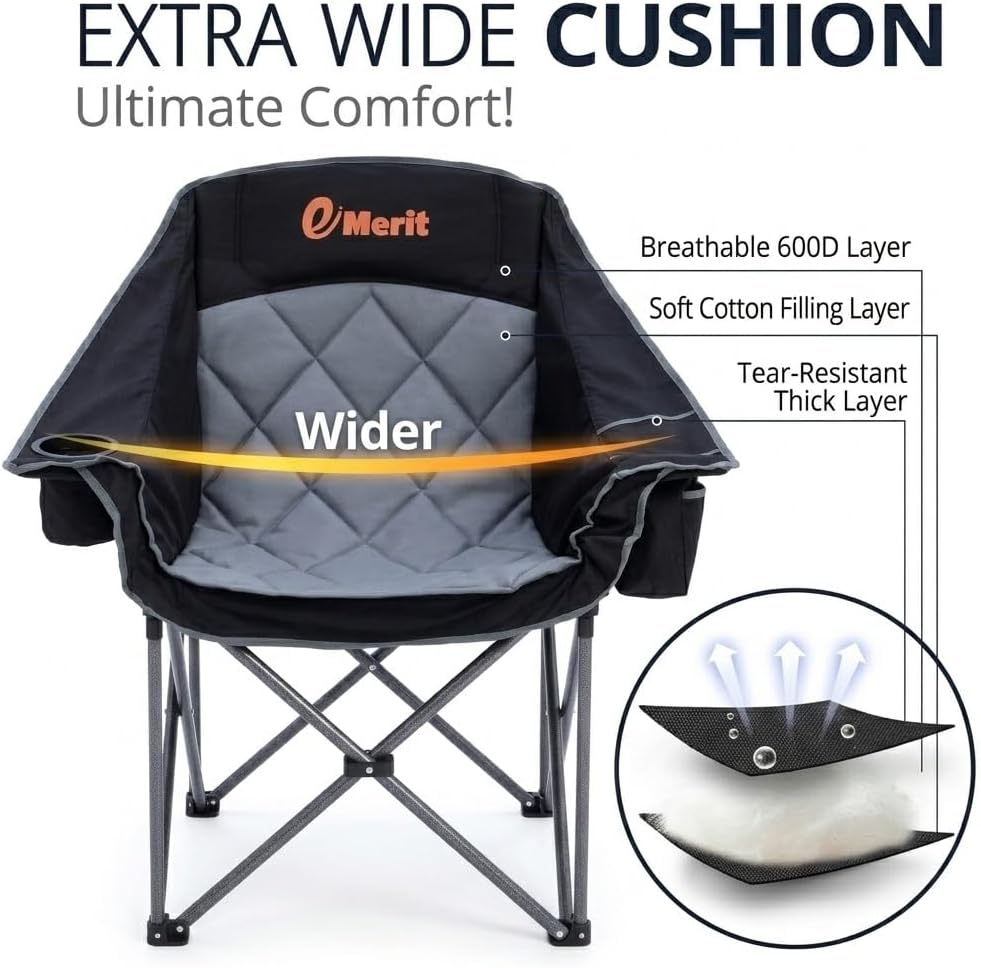 EMERIT 2 Pack Oversized Padded Camping Chairs, Heavy Duty 450 LBS Capacity Outdoor Folding Quad Chair with Cup Holder, Portable for Camping, Tailgating, Sports, Backyard & Patio, Black
