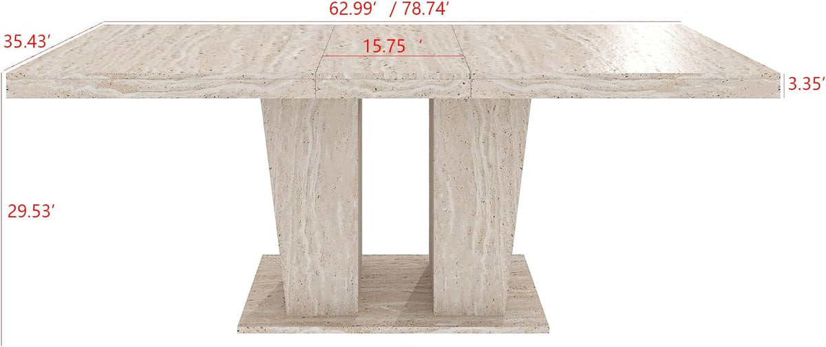 78.74" Rectangular Extendable Dining Room Table for 6 8 10, Modern Faux Travertine Farmhouse Wooden Kitchen Conference Expanding Table with Dual Columns Base, Long Large Expandable, White Oak