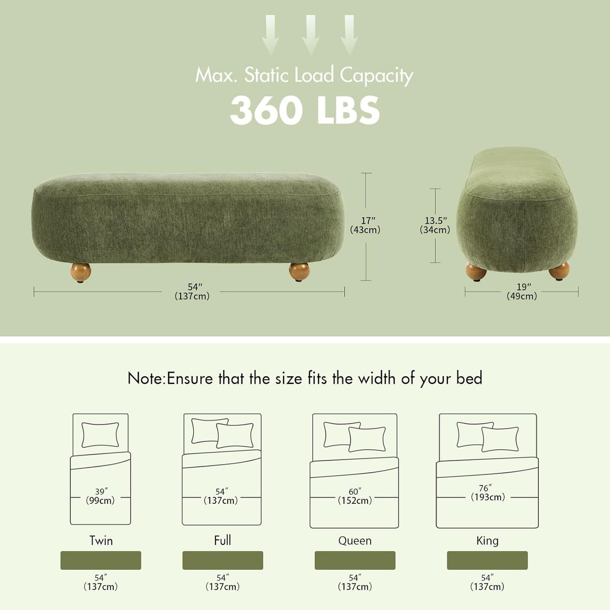 Hyfirm 54" Green Chenille Upholstered Bench – End of Bed Ottoman with Round Solid Wood Legs, Long Oval Footstool for Entryway & Hallway, Padded Seat (No Back)