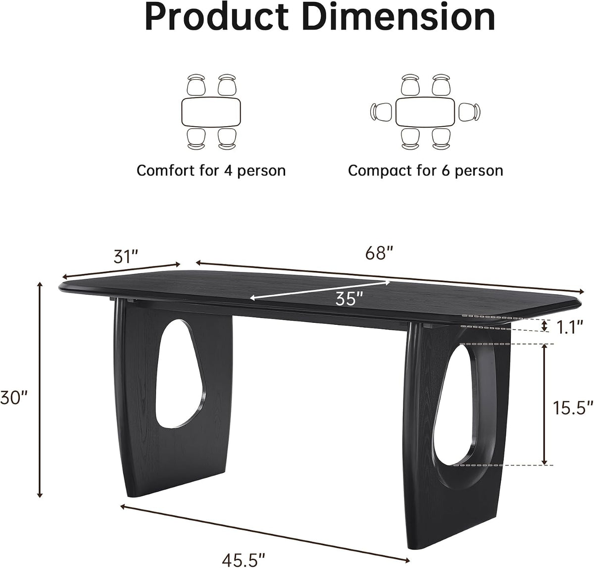 Morden Fort Modern Dining Table for 4-6 People,68'' Rectangle Dining Table, Kitchen Table with Pedestal Base, Dinner Table for Dining Room, Kitchen, Living Room (Black)