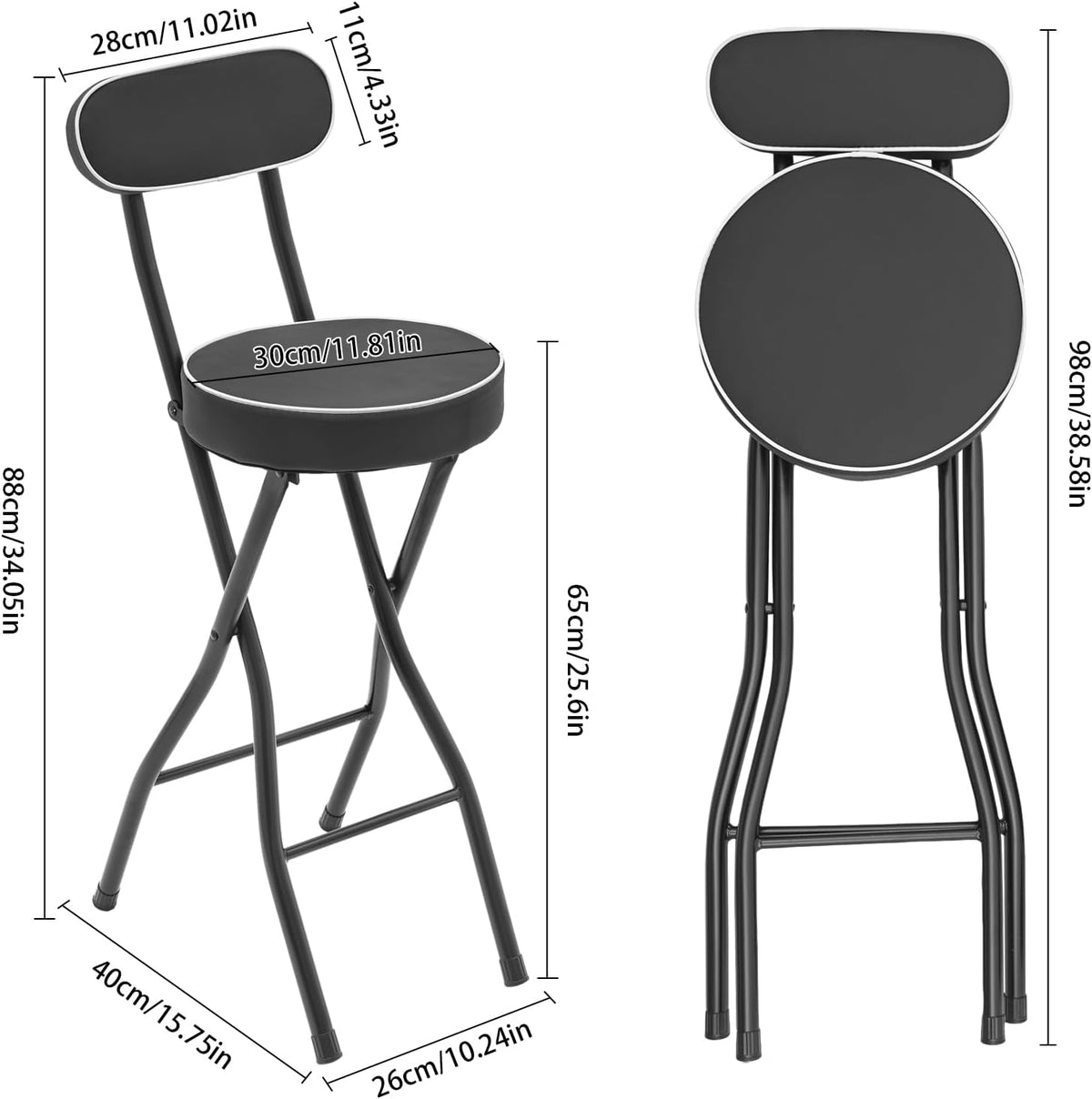 2PCS Folding Bar Stool with Backrest, Tall Folding Chair Counter Height Foldable Chairs Tall Bar Collapsible Stools for Adults Kitchen Guitar Shop Cafe Barstools (Black)