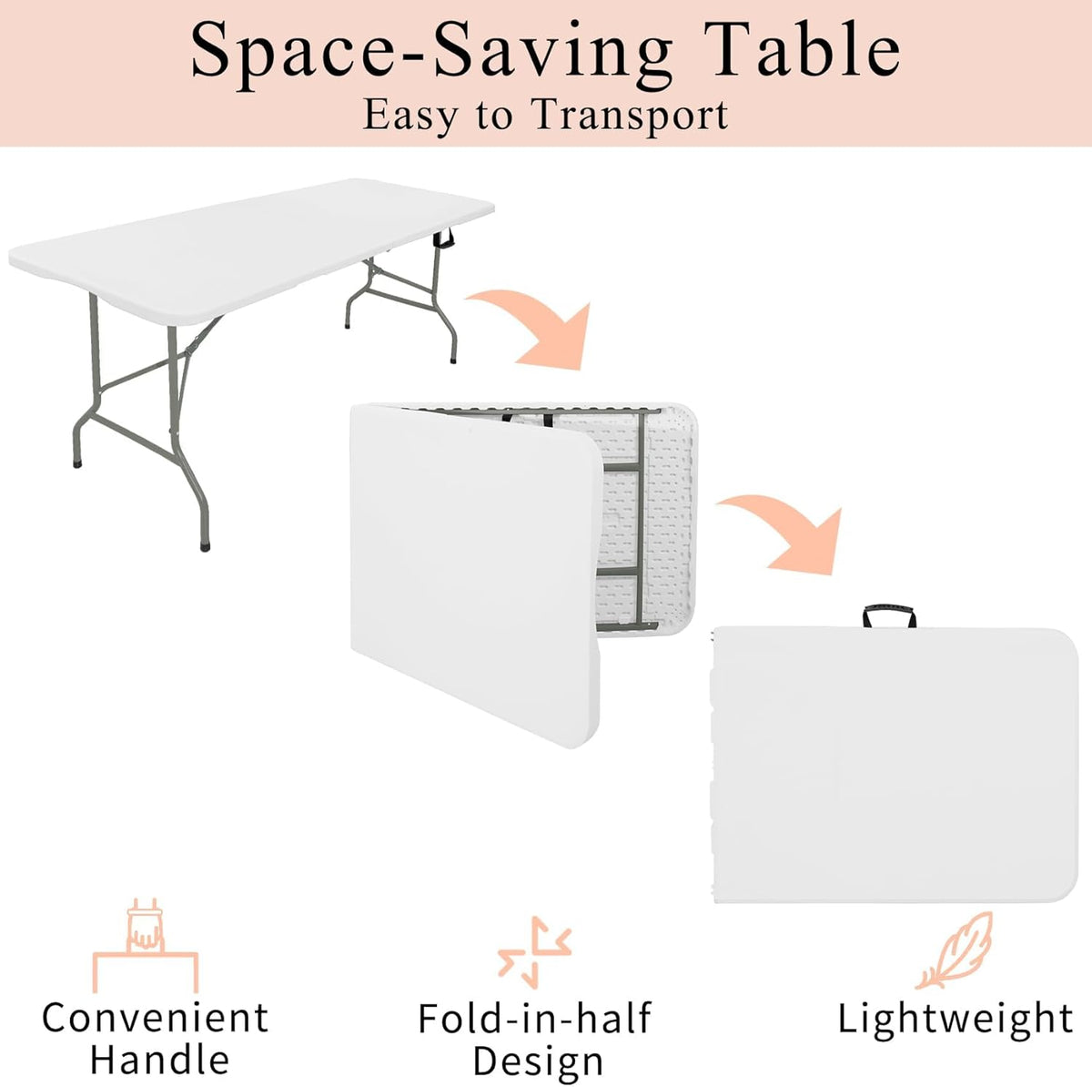 Set of 2 Folding Tables with Carrying Handle Lightweight 6FT Rectangular Portable Plastic Camping Table Steel Legs for Indoor Party, Dining, Outdoor Wedding, Events, Picnic (White)